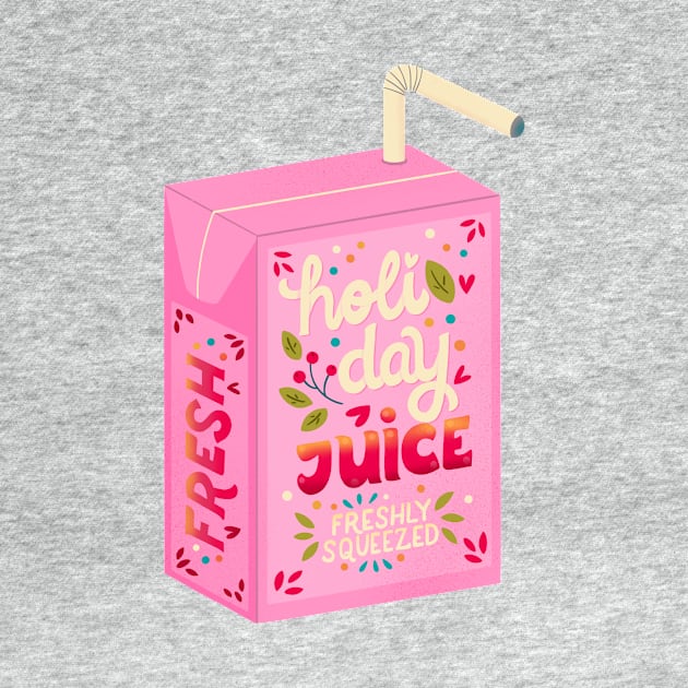 Juice box with hand lettering holiday juice. Cute festive winter holiday illustration. Bright colorful pink and blue greeting card. by BlueLela